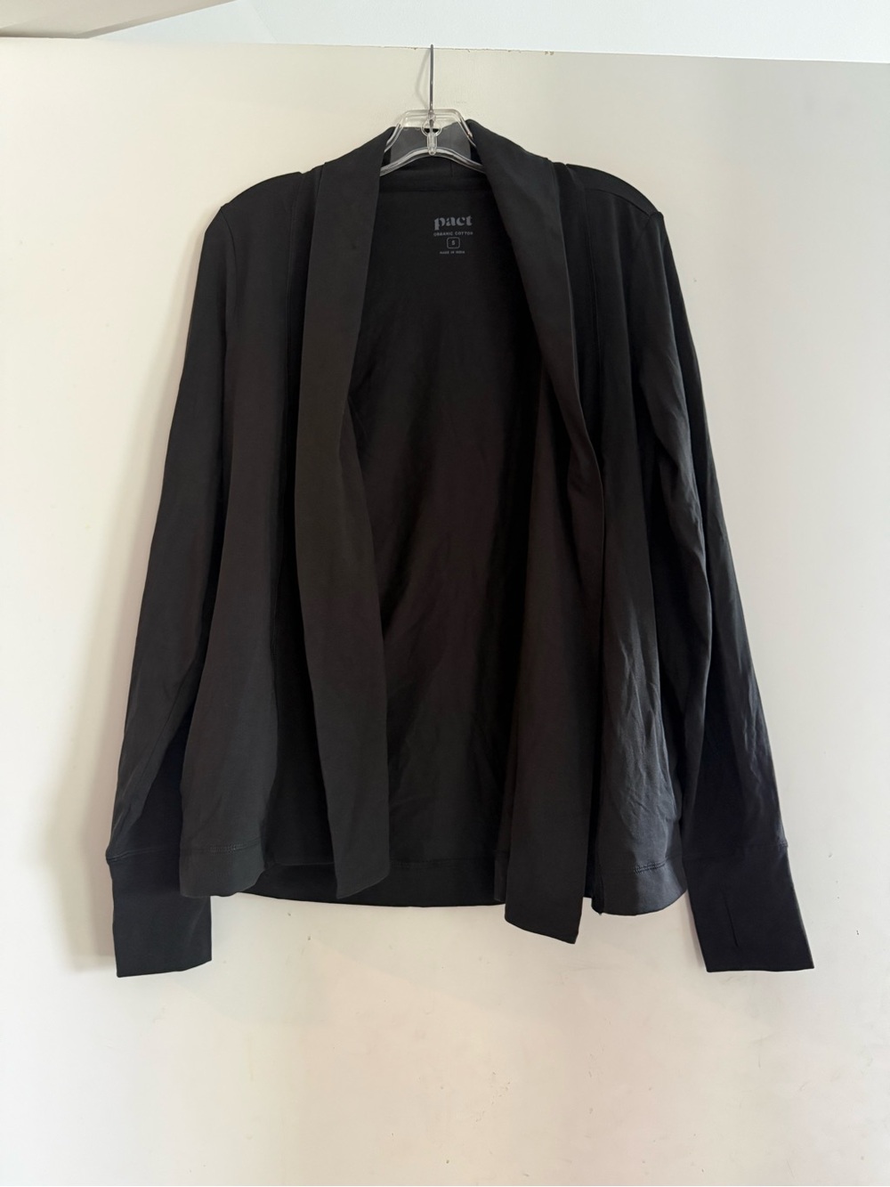 PACT Organic Cotton Drape Front Open Cardigan Black Small S Lightweight